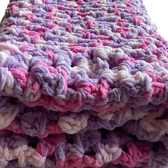 Handmade Crochet Bernat Throw Blanket 44 x 48 inch Pink Purple Variegated Soft - Picture 1 of 6